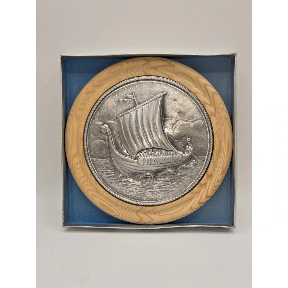 Vintage Norway Pewter Viking Ship Plate Wood Wall Plaque Norse‎ Decor